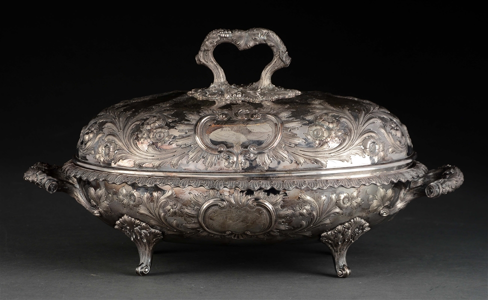FRANKLIN PIERCE. AN AMERICAN SILVER COVERED VEGETABLE DISH. 