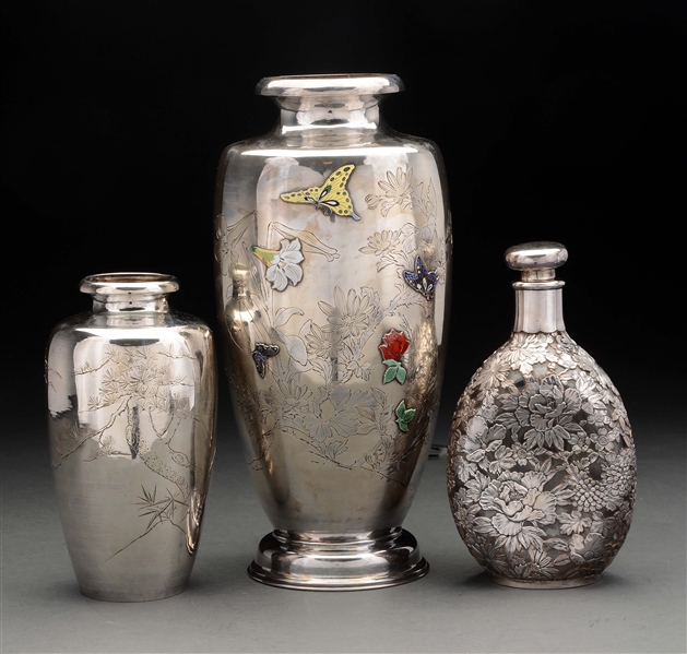 ASIAN SILVER VASES AND A DECANTER. 