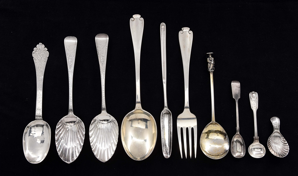 GROUP OF TIFFANY STERLING SERVING PIECES & ENGLISH SILVER SPOONS.