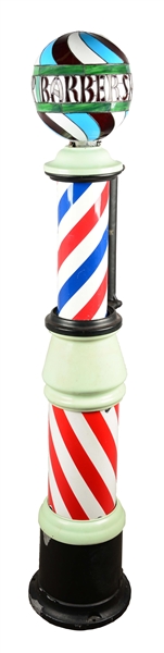 PORCELAIN BARBER SHOP POLE WITH STAINED GLASS GLOBE.