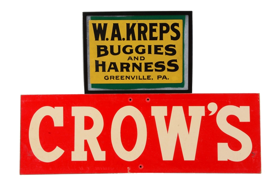 LOT OF 2: W.A. KREPS BUGGIES & CROWS FEEDS SIGNS. 
