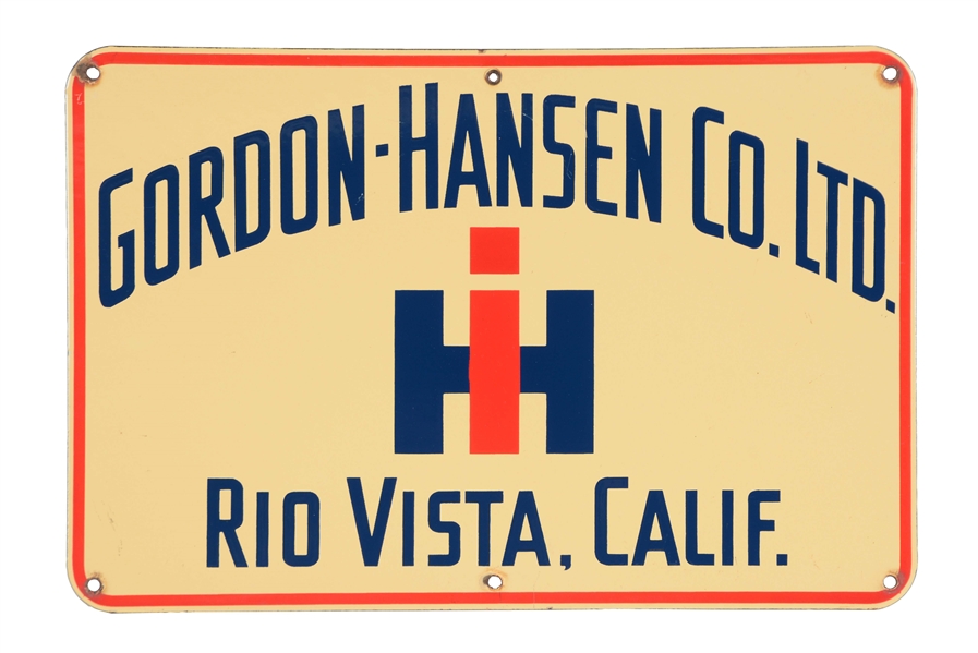 GORDON HANSEN CO. INTERNATIONAL HARVESTER PORCELAIN SIGN. 