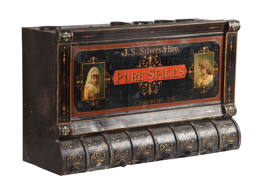 EARLY TIN J.S. SILVERS PURE SPICES DISPENSER. 
