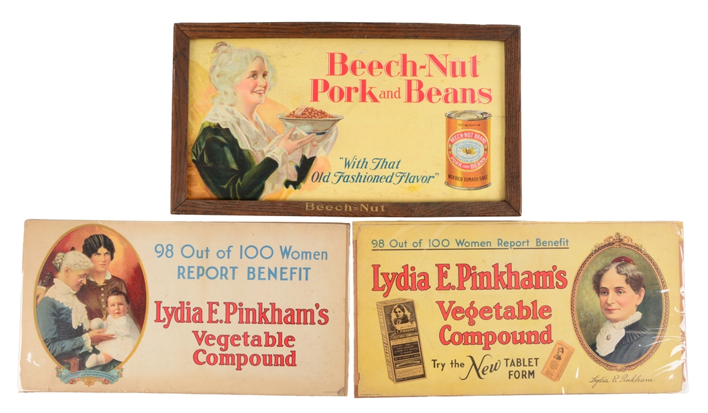 LOT OF 3: VEGETABLE COMPOUND & BEECH-NUT PORK & BEANS SIGNS. 