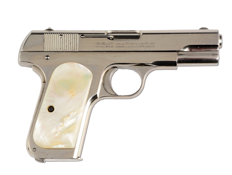 (C) FACTORY NICKEL COLT MODEL 1908 .380 HAMMERLESS SEMI-AUTOMATIC PISTOL WITH PEARLS (1926).