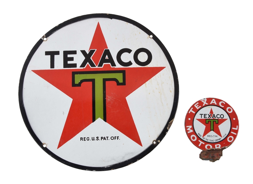 LOT OF 2: TEXACO OIL CART PORCELAIN SIGN & TEXACO PORCELAIN LUBESTER PLATE.