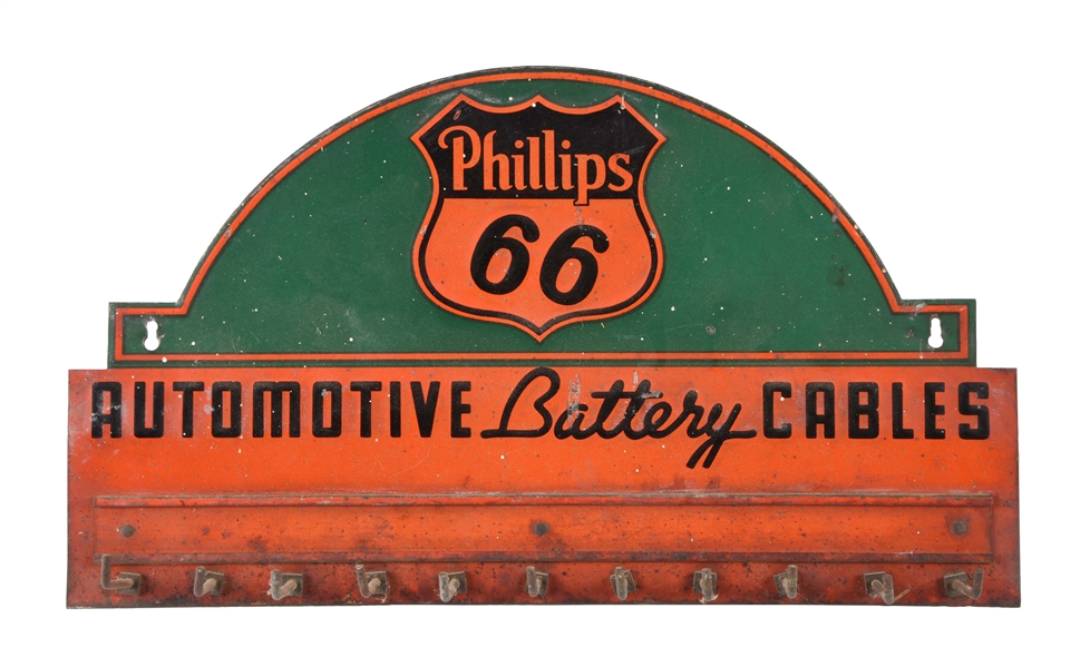 PHILLIPS 66 AUTOMOTIVE BATTERY CABLES EMBOSSED TIN RACK SIGN.