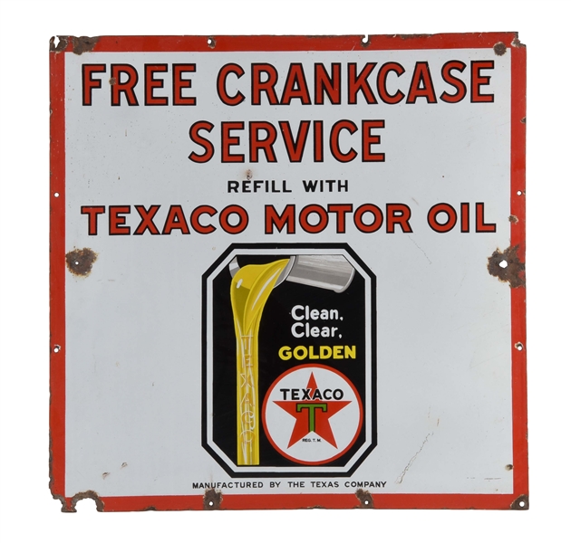 TEXACO MOTOR OIL FREE CRANKCASE SERVICE PORCELAIN SIGN W/ POURING CAN GRAPHIC.