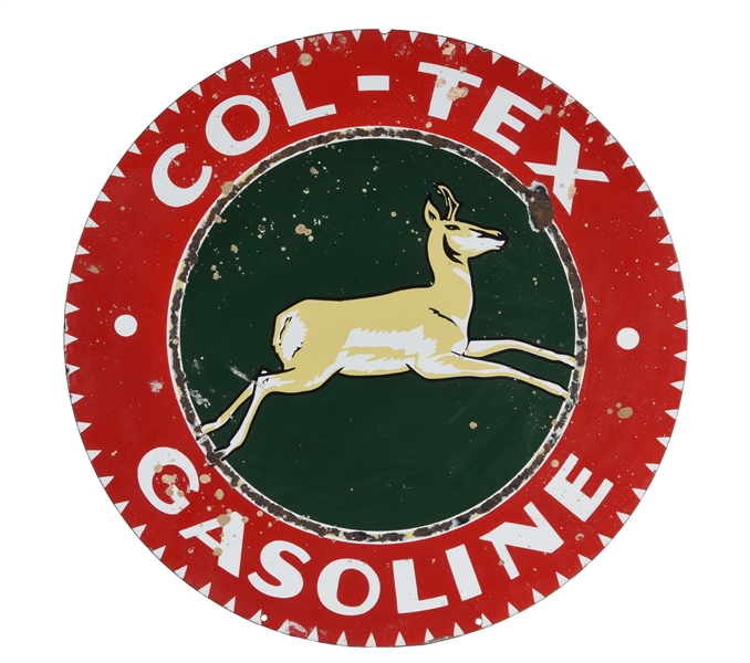 COL-TEX GASOLINE PORCELAIN CURB SIGN W/ ANTELOPE GRAPHIC.