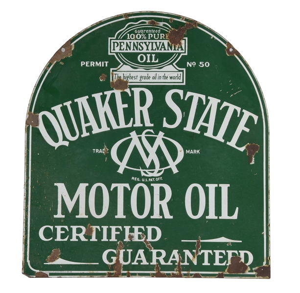 QUAKER STATE MOTOR OIL PORCELAIN TOMBSTONE SIGN.