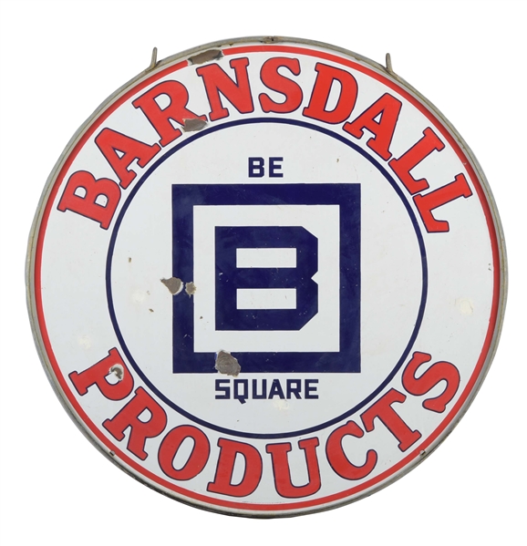 BARNSDALL GASOLINE BE SQUARE PRODUCTS PORCELAIN SIGN.