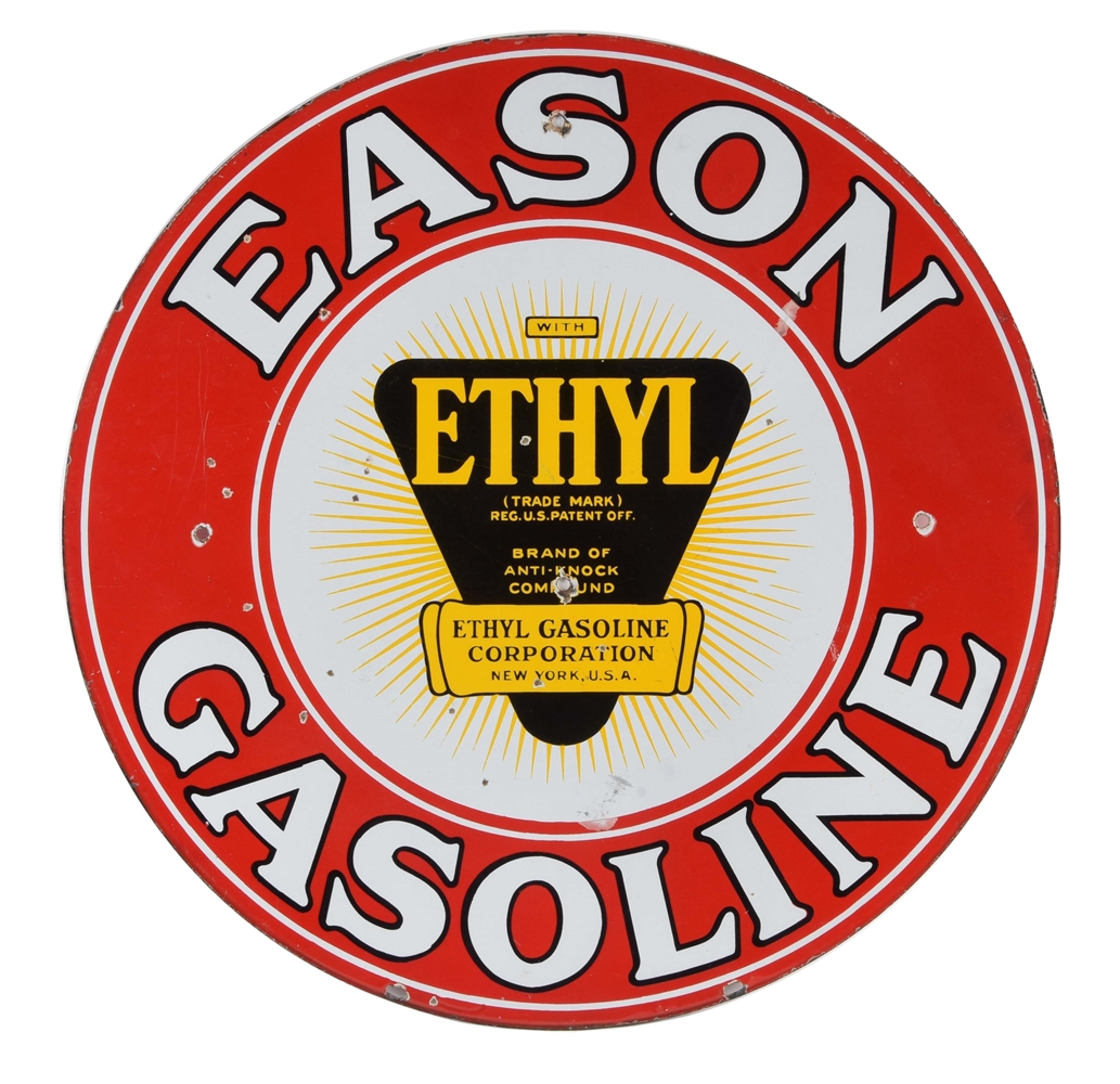 EASON GASOLINE PORCELAIN SIGN W/ ETHYL BURST GRAPHIC.