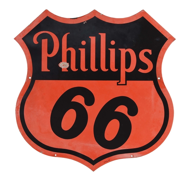 PHILLIPS 66 GASOLINE PORCELAIN SHIELD SIGN.