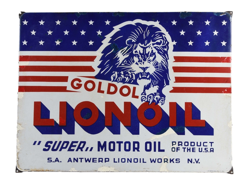 GOLDOL LIONOIL MOTOR OIL PORCELAIN SIGN WITH LION GRAPHIC.