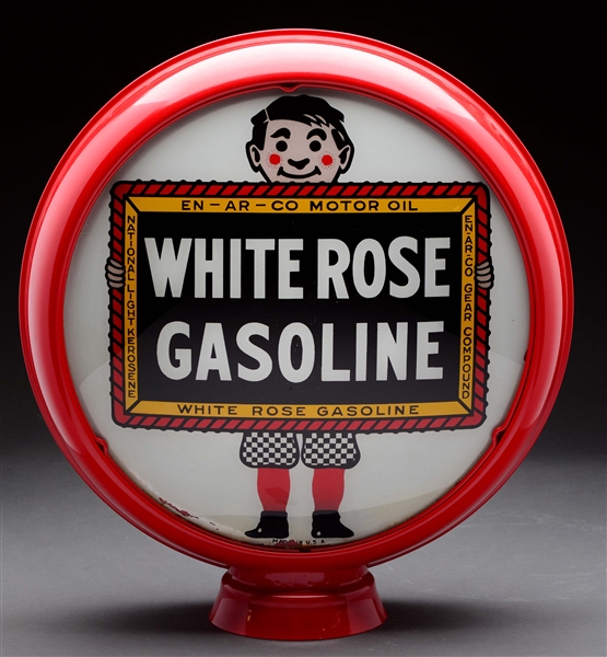 WHITE ROSE GASOLINE 15" COMPLETE GLOBE ON METAL BODY.