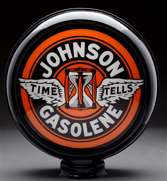 JOHNSON TIME TELLS GASOLINE 15" COMPLETE GLOBE ON METAL BODY.