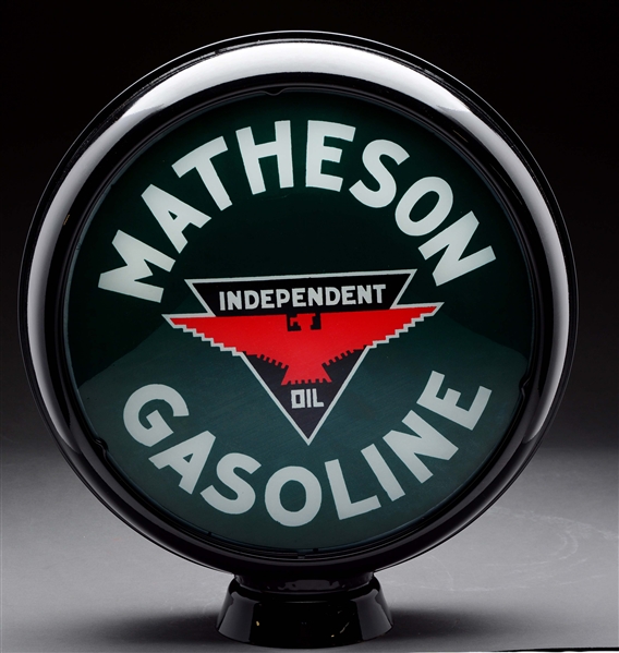 MATHESON GASOLINE 15" COMPLETE GLOBE WITH INDEPENDENT BIRD GRAPHIC ON METAL BODY.