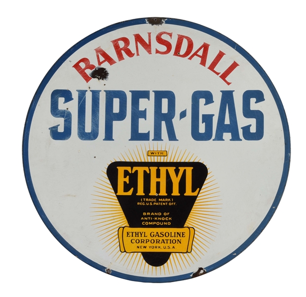 BARNSDALL SUPER GAS PORCELAIN SIGN W/ ETHYL BURST GRAPHIC