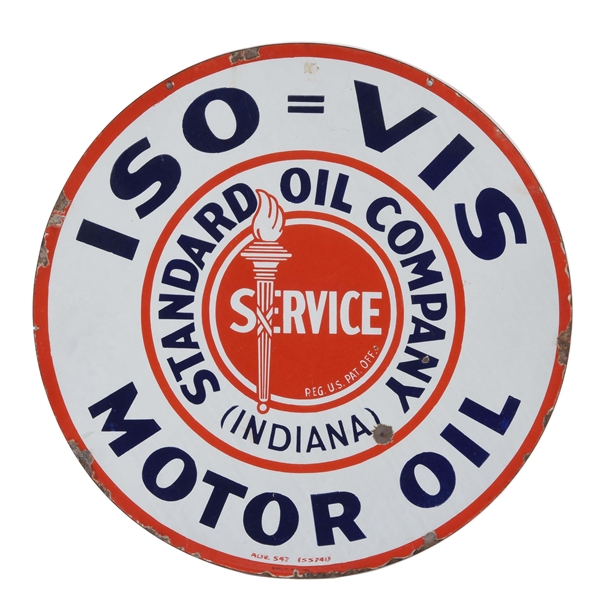 STANDARD OIL OF INDIANA ISO VIS MOTOR OIL PORCELAIN SIGN.