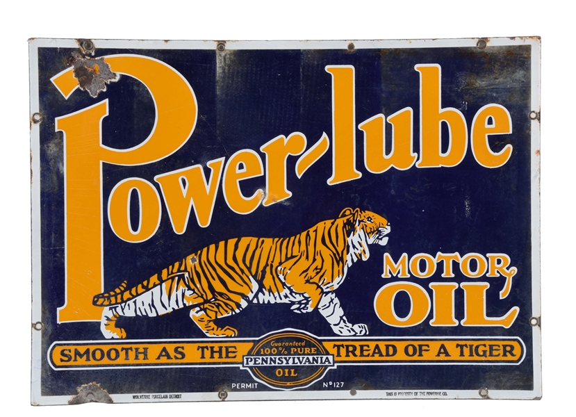 POWERLUBE MOTOR OIL PORCELAIN SIGN WITH TIGER GRAPHIC.