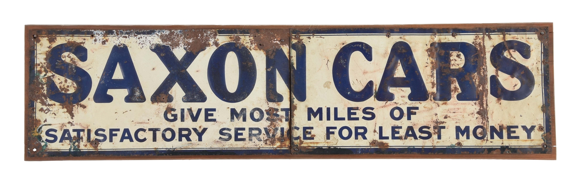 VERY RARE SAXON MOTOR CARS EMBOSSED TIN SIGN ON WOOD PANEL.