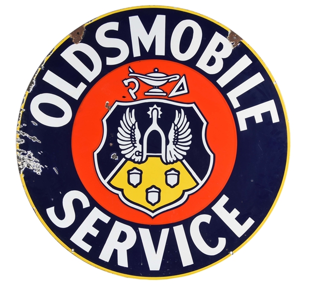 OLDSMOBILE SERVICE PORCELAIN SIGN WITH CREST GRAPHIC.