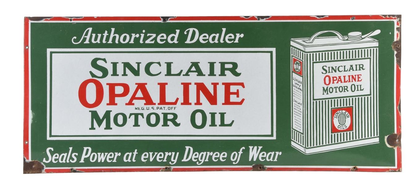 SINCLAIR OPALINE MOTOR OIL PORCELAIN SIGN WITH ONE GALLON CAN GRAPHIC.