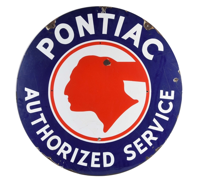PONTIAC AUTHORIZED SERVICE PORCELAIN SIGN WITH INDIAN GRAPHIC.
