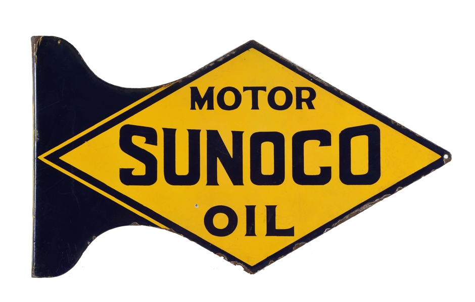 SUNOCO MOTOR OIL DIECUT PORCELAIN FLANGE SIGN.