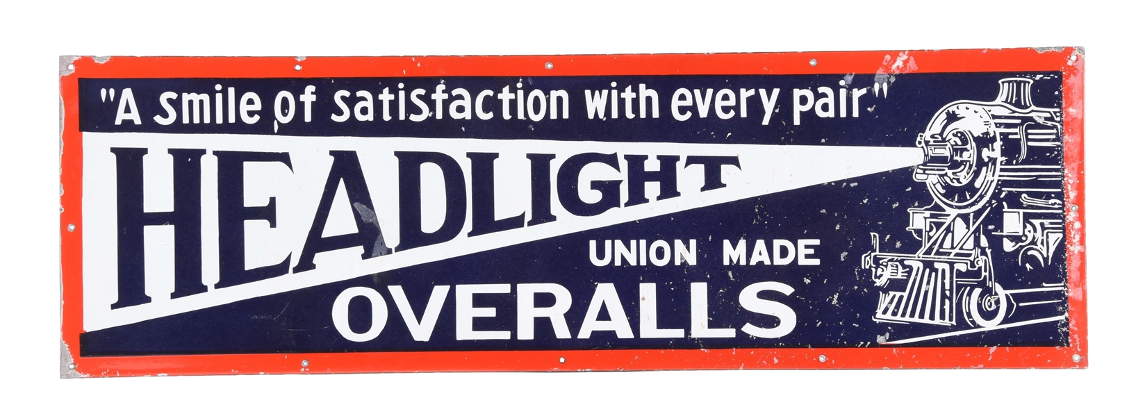 HEADLIGHT OVERALLS PORCELAIN SIGN WITH LOCOMOTIVE GRAPHIC.