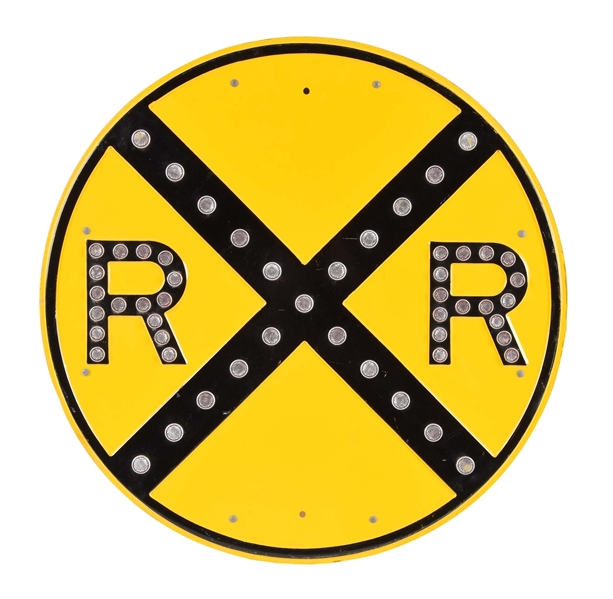 RAIL ROAD CROSSING EMBOSSED METAL SIGN WITH REFLECTORS.