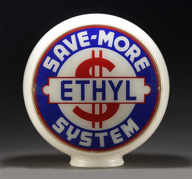 SAVE MORE ETHYL 13-1/2" COMPLETE GLOBE LENSES ON WIDE MILK GLASS BODY.