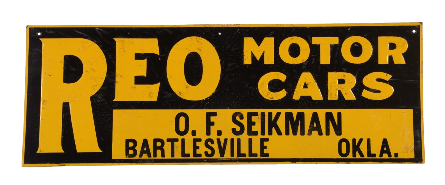 REO MOTOR CARS EMBOSSED TIN SIGN.
