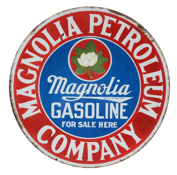 MAGNOLIA GASOLINE FOR SALE HERE PORCELAIN CURB SIGN. 