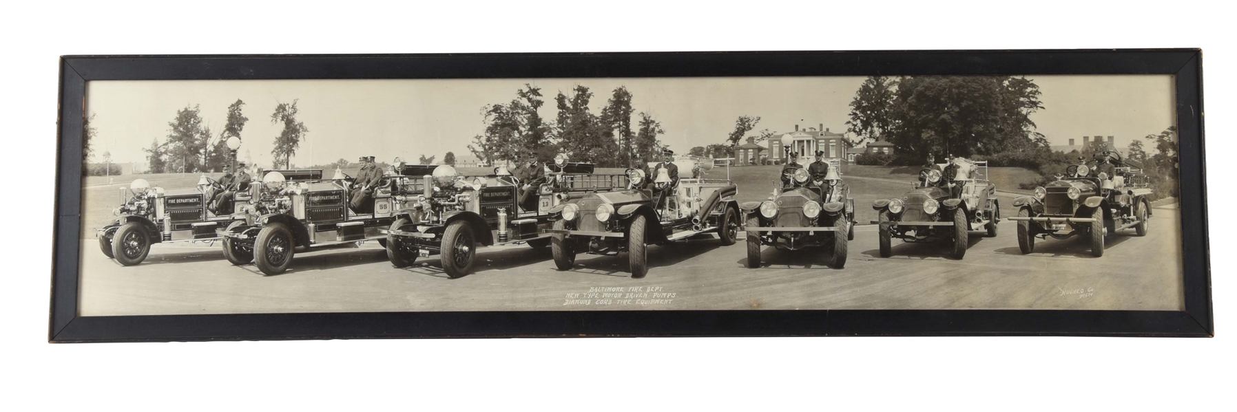 LOT OF 2: BALTIMORE FIRE DEPARTMENT & 1915 CHEVROLET CARS FRAMED YARD LONG PHOTOGRAPHS.
