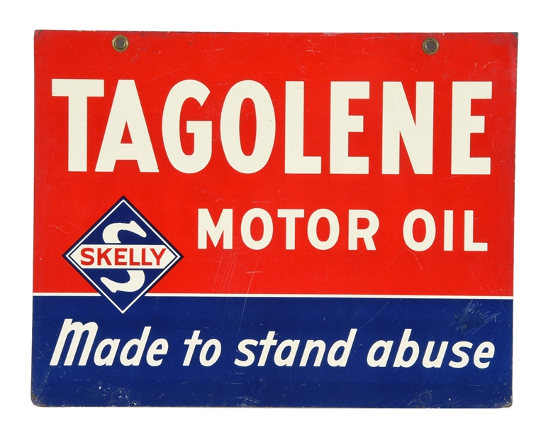 SKELLY TAGOLINE & UNIFLO MOTOR OIL TIN SIGN.