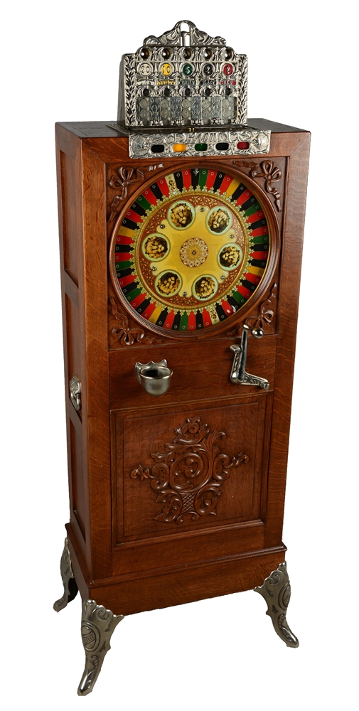**5¢ CAILLE BROS. THE LION UPRIGHT SLOT MACHINE. 