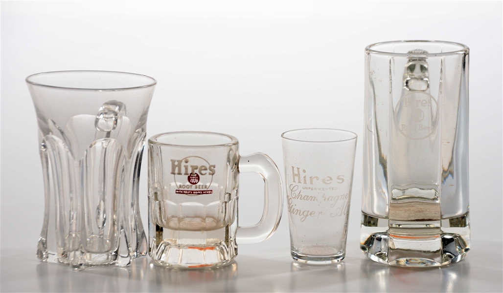 LOT OF 4: GLASS HIRES ROOTBEER MUGS & SODA FOUNTAIN GLASS. 