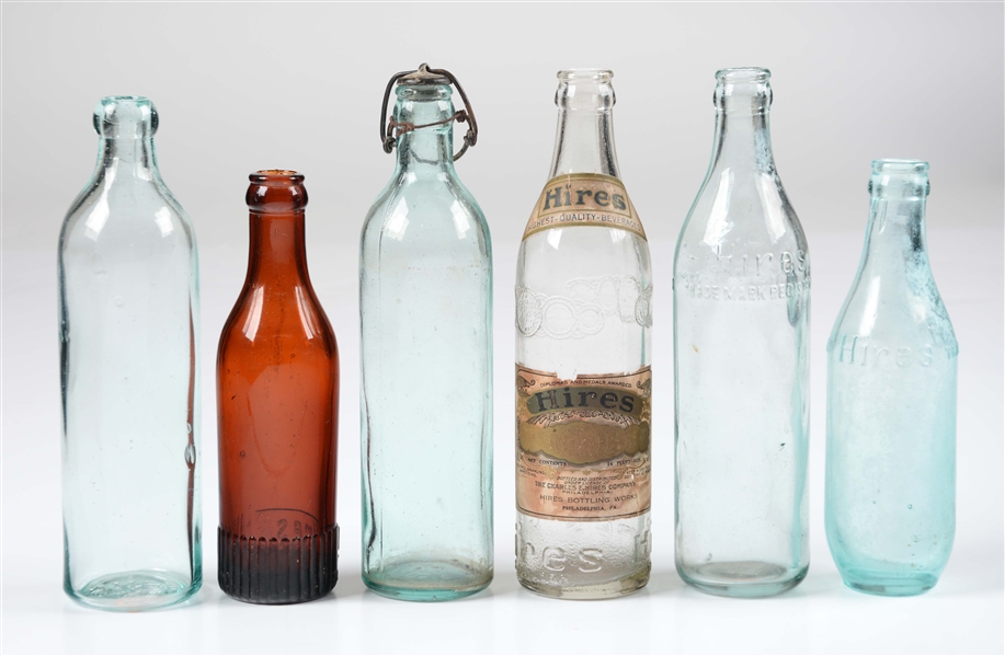 LOT OF 6: EARLY ASSORTED HIRES GLASS BOTTLES. 