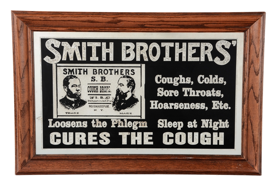 SMITH BROTHERS COUGH DROPS REVERSE GLASS SIGN. 