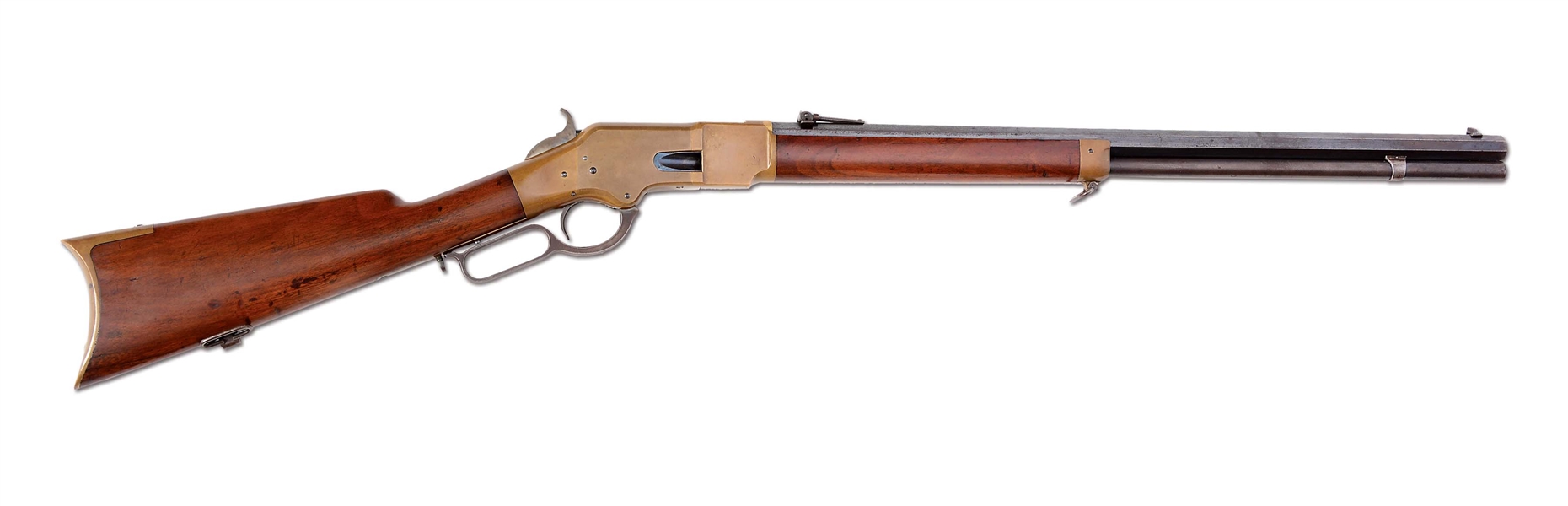 (A) FINE EARLY 1866 WINCHESTER LEVER ACTION RIFLE WITH EARLY HENRY MARKED BARREL & HENRY 900 STAFF REAR SIGHT (1868).