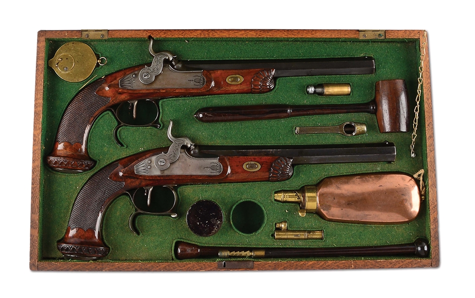 (A) CASED PAIR OF BELGIAN PERCUSSION TARGET PISTOLS IN THE FRENCH STYLE.
