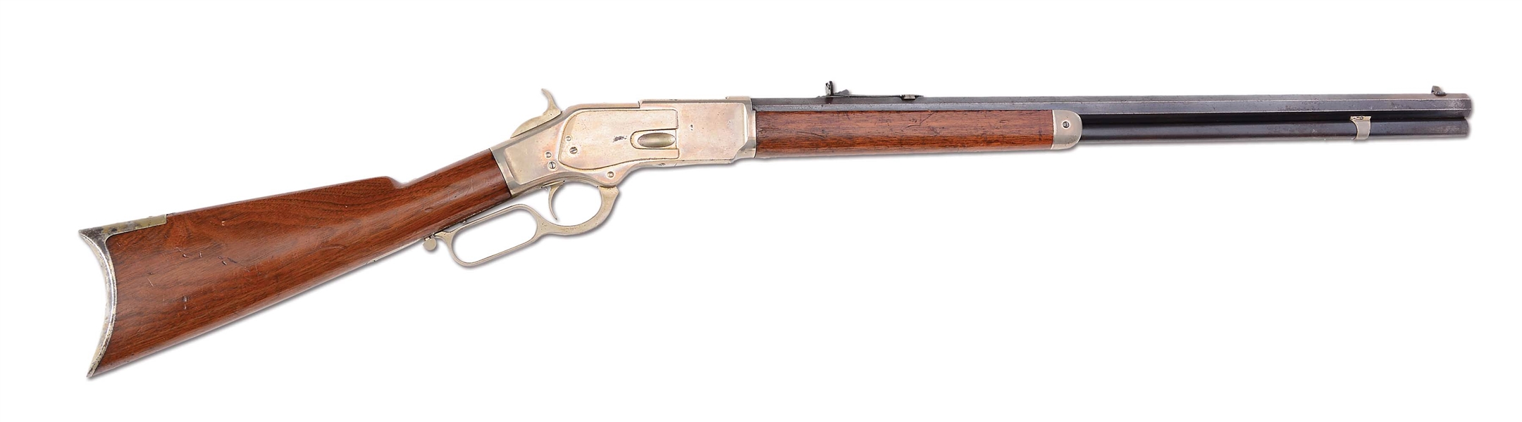 (A) RARE HIGH CONDITION FACTORY HALF PLATE NICKEL WINCHESTER MODEL 1873 LEVER ACTION RIFLE (1877).