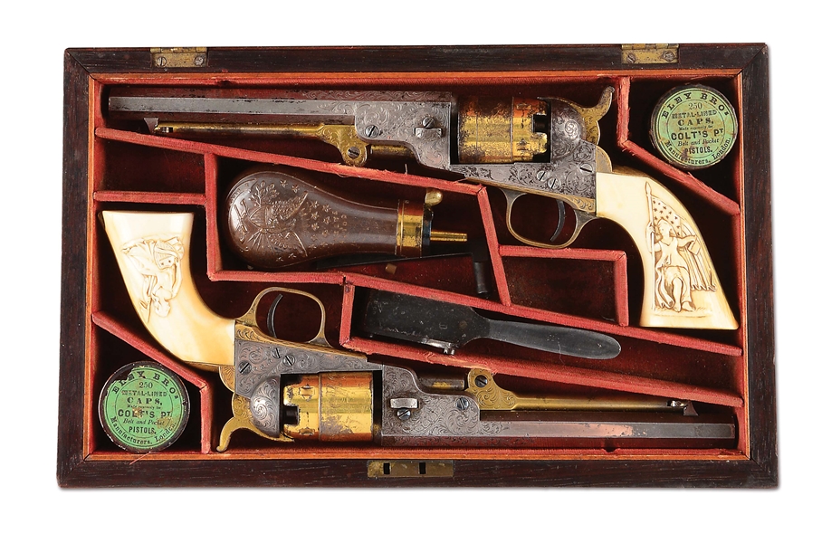 (A) CASED, ENGRAVED, GOLD & SILVER PLATED, IVORY GRIPPED MATCHED PAIR OF POCKET NAVY 1862 REVOLVERS.