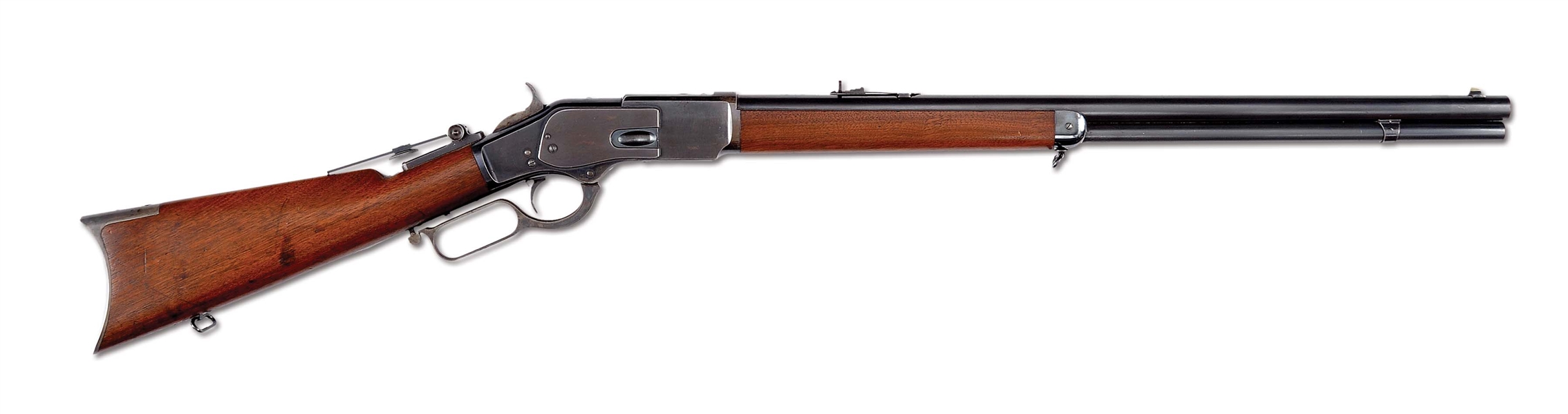 (A) FANTASTIC WINCHESTER FIRST MODEL 1873 RIFLE WITH BLUED RECEIVER AND SET TRIGGER (1876).