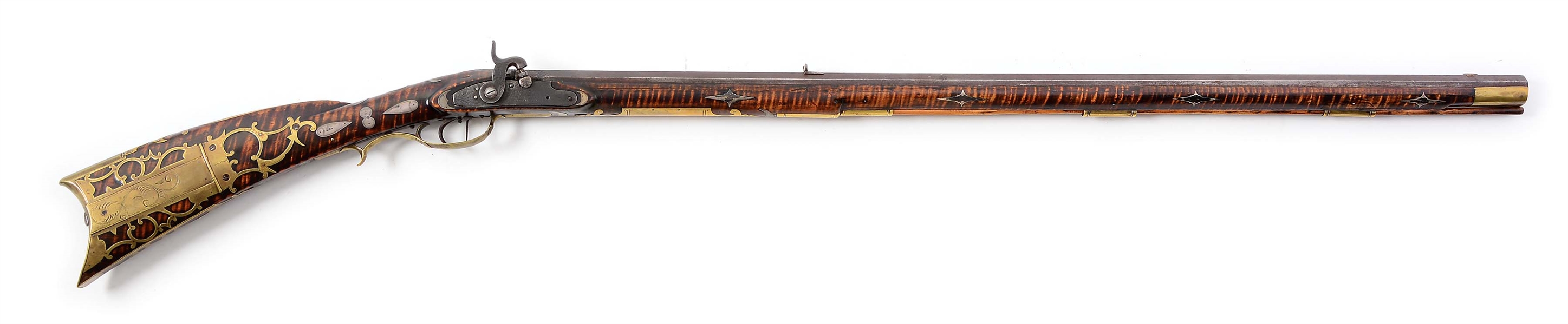 (A) PROFUSELY INLAID AND CARVED FULLSTOCK PERCUSSION KENTUCKY RIFLE BY SAMUEL BAUM.