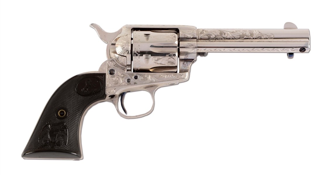 (A) FACTORY ENGRAVED NICKEL COLT SINGLE ACTION ARMY REVOLVER (1884). 