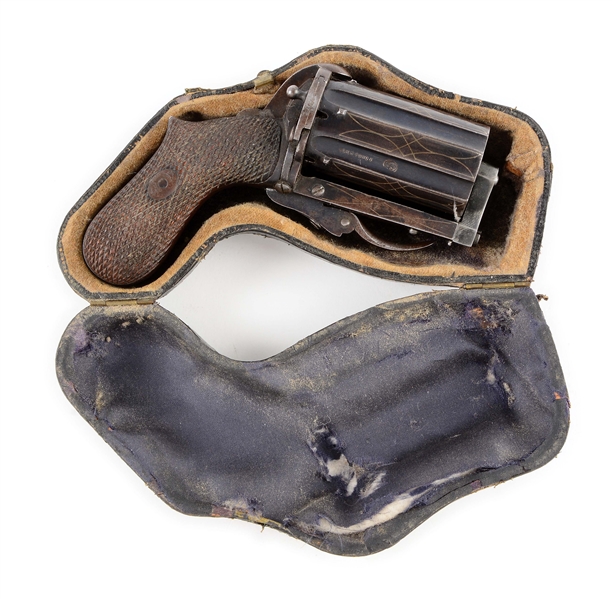 (A) PIPE CASED LEFAUCHEUX TYPE DOUBLE ACTION PEPPERBOX PISTOL.