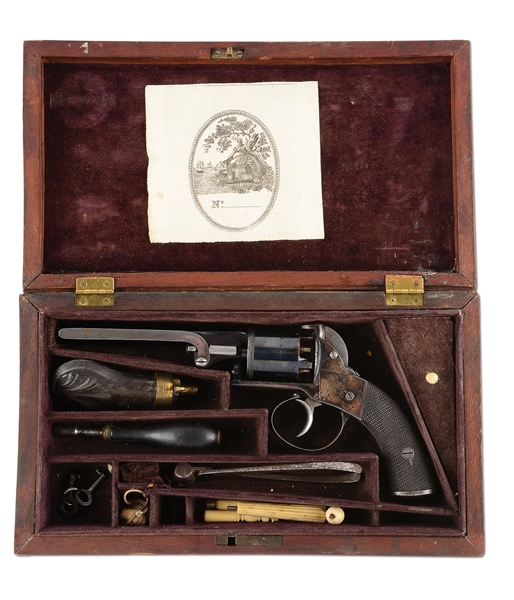 (A) CASED ENGLISH DOUBLE ACTION PERCUSSION REVOLVER.