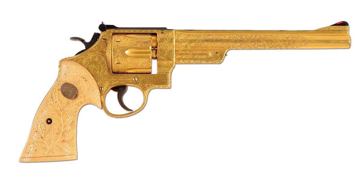 (C) COMPLETELY GOLD PLATED & ENGRAVED SMITH & WESSON PRE-MODEL 27 .357 DOUBLE ACTION REVOLVER - ONCE BELONGING TO FAMED NATURALISTS SASHA SIEMEL.